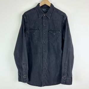 Polo Ralph Lauren Vintage Western Snap Long‎ Sleeve Button Down Washed Black XL